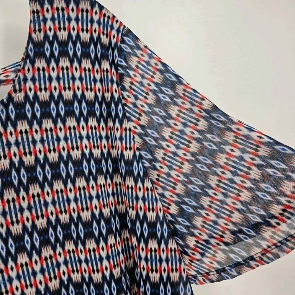 Catherines Womens Mesh Overlay Lined Top 2X Red Blue Patten Short Sheer Sleeve - Picture 5 of 5